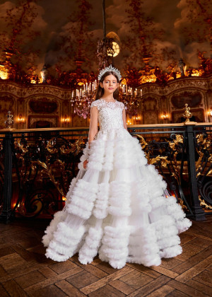Beaded White Lace Tulle Ruffled Stunning Flower Girl Dress